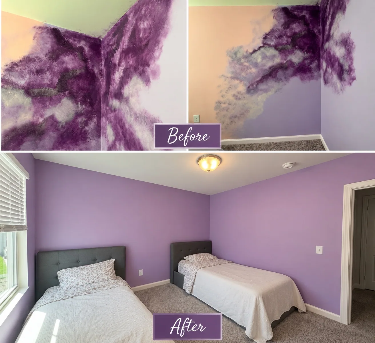 Bedroom walls before and after a purple repaint